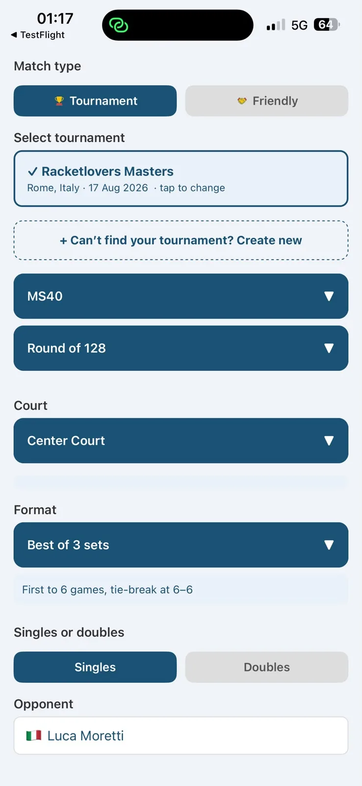 Racketlovers match setup screen with the tournament selected, MS40 age category, Round of 128, Center Court, Best of 3 sets and singles