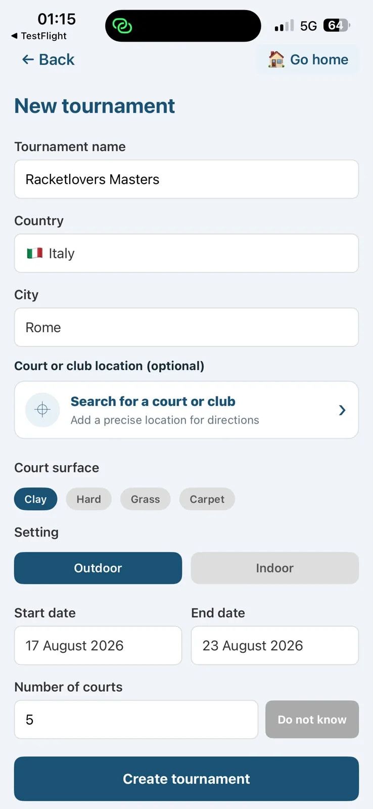 New tournament form in Racketlovers with tournament name, country, city, court surface, setting and dates