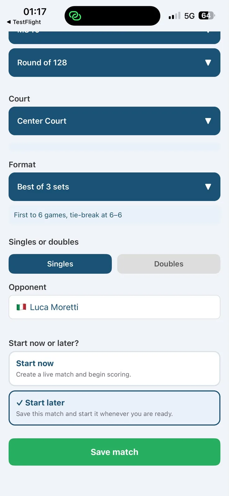 Start now or Start later options at the bottom of the Racketlovers match setup screen