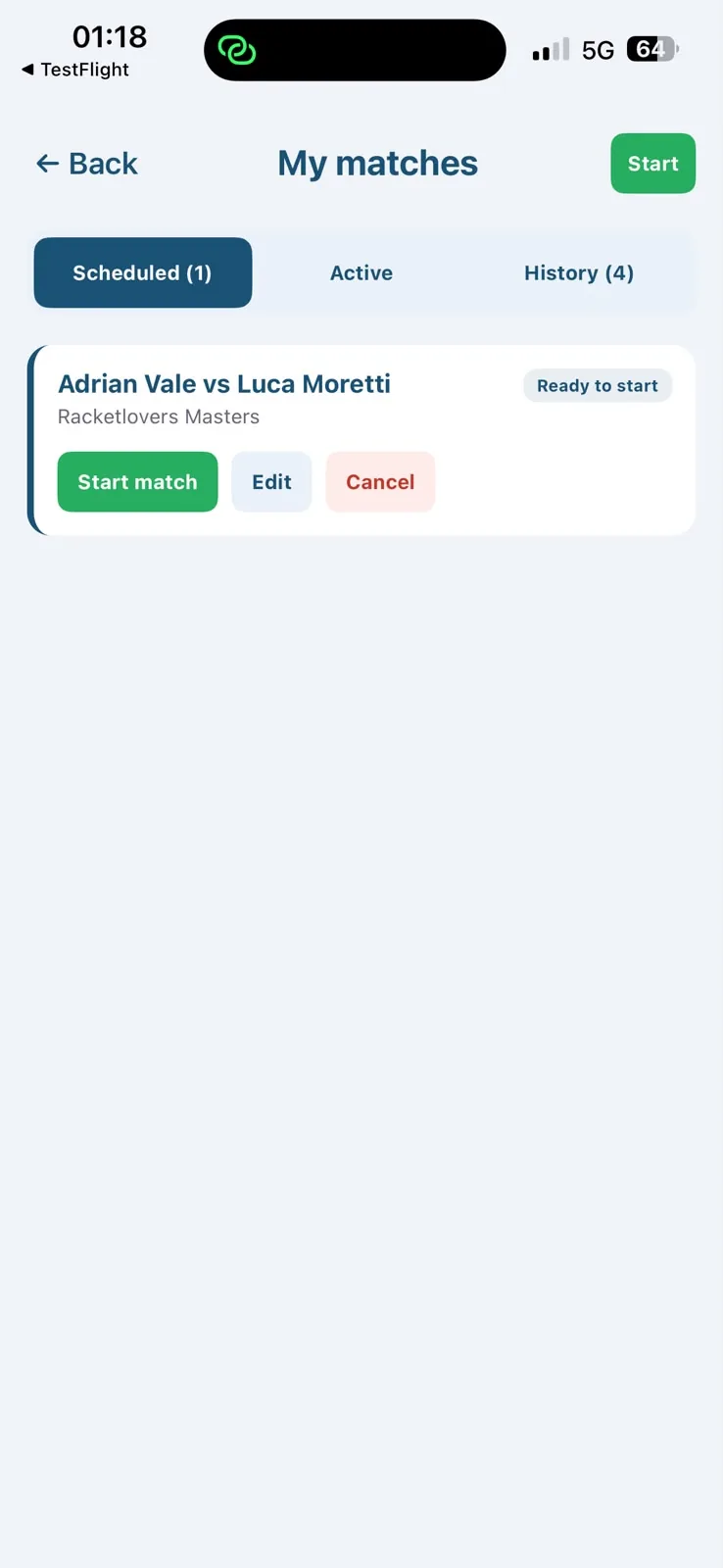 My matches screen in Racketlovers showing a scheduled match with a Start match button