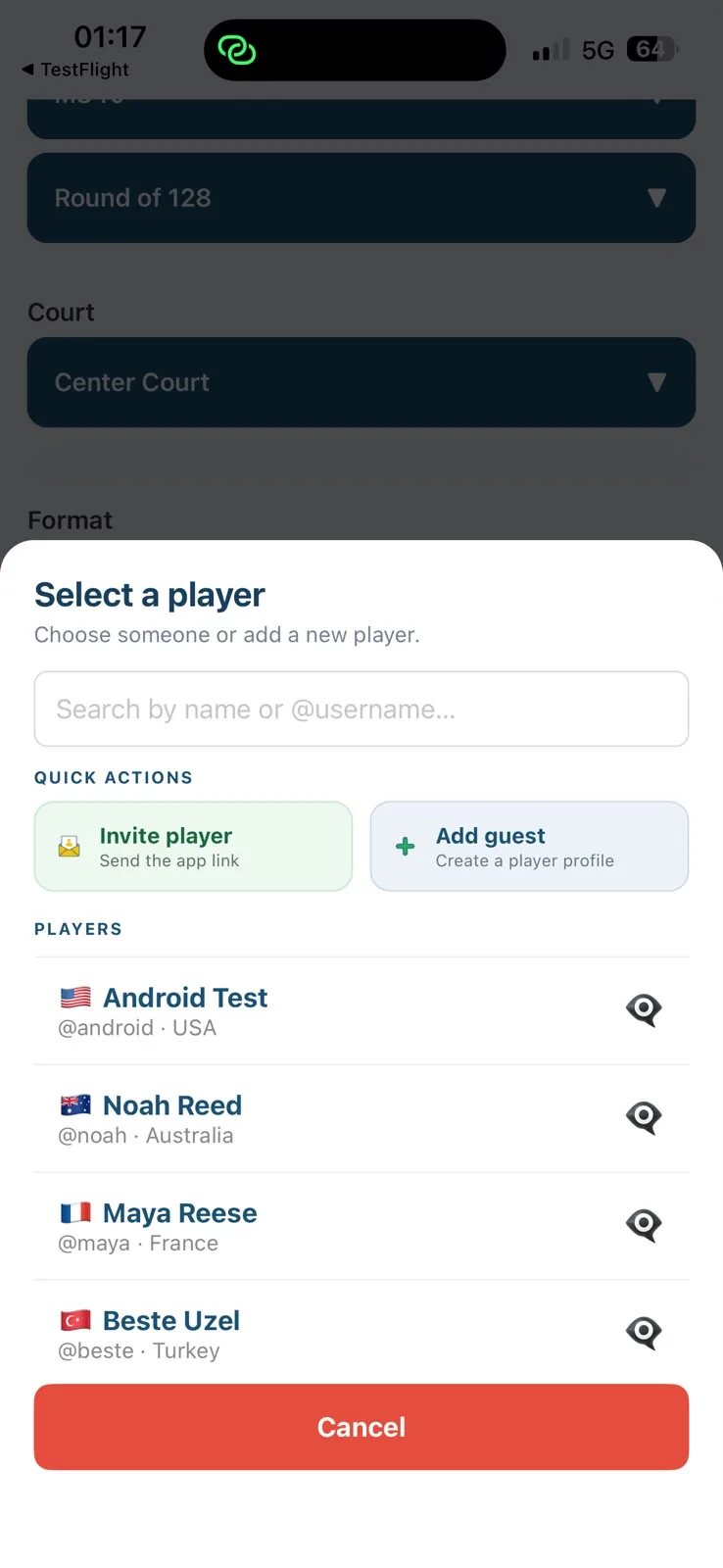 Select a player sheet in Racketlovers with search by name or username, Invite player and Add guest options above the player list
