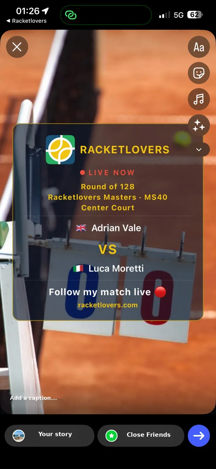 Racketlovers LIVE NOW card being posted to an Instagram Story