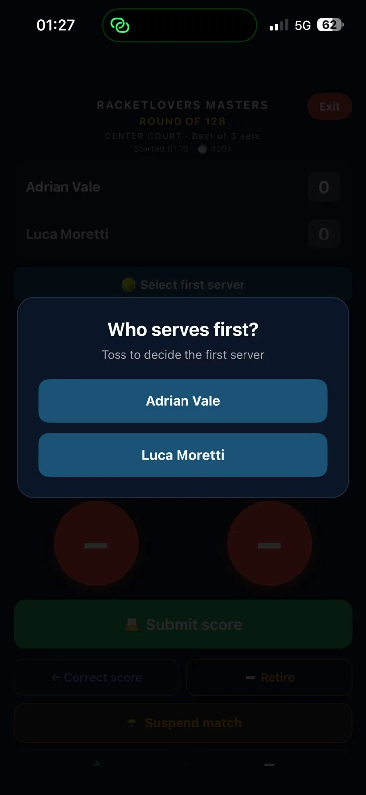 Who serves first dialog in Racketlovers asking which player serves first after the toss