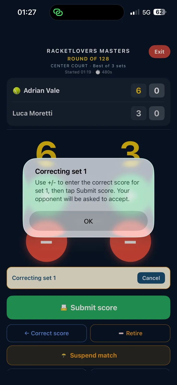Correcting set 1 dialog on the Racketlovers scoring screen explaining that the opponent will be asked to accept