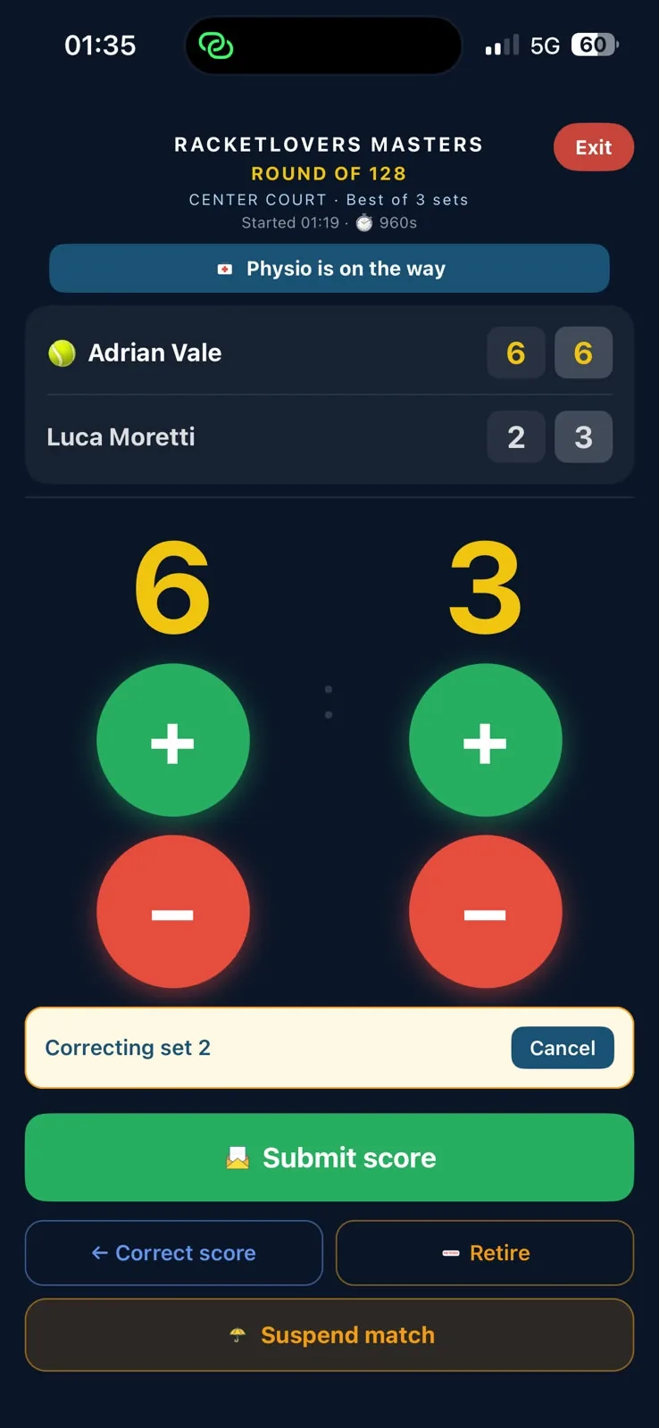 Racketlovers scoring screen correcting set 2 with the match at 6-2, 6-3