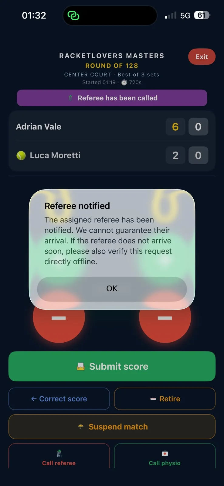 Referee notified confirmation on the Racketlovers match screen