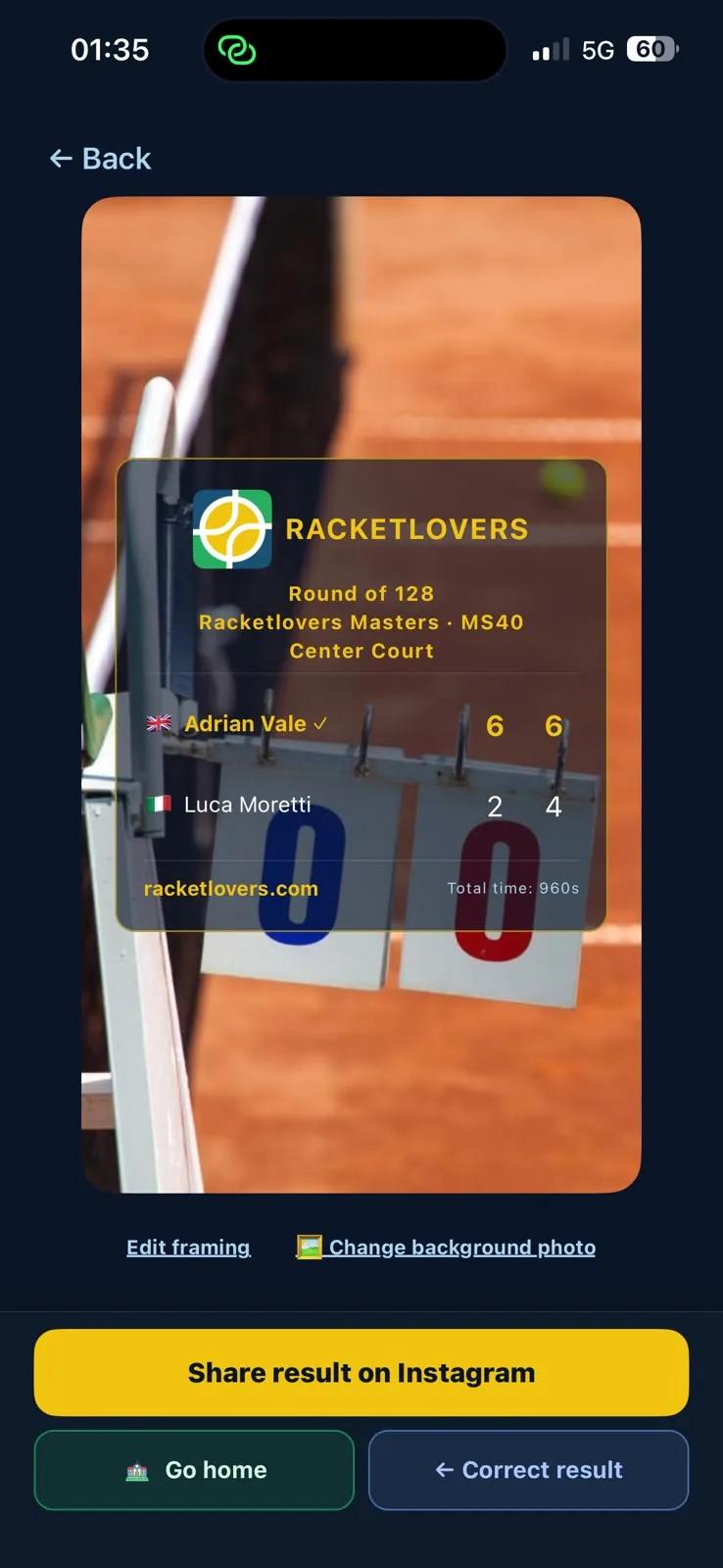 Racketlovers final result card showing a 6-2, 6-4 win over a clay court photo, ready to share on Instagram