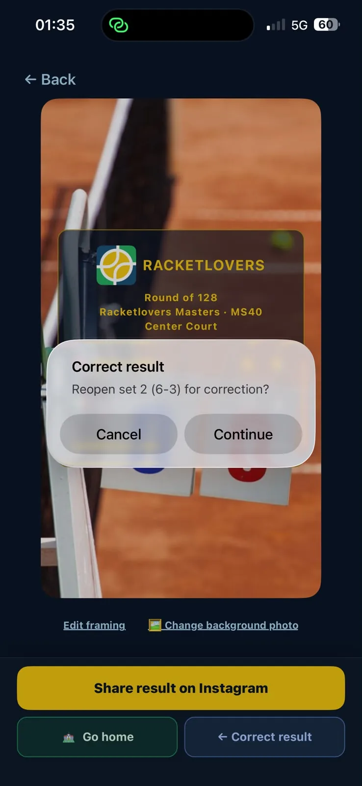Correct result dialog in Racketlovers asking to reopen set 2 for correction