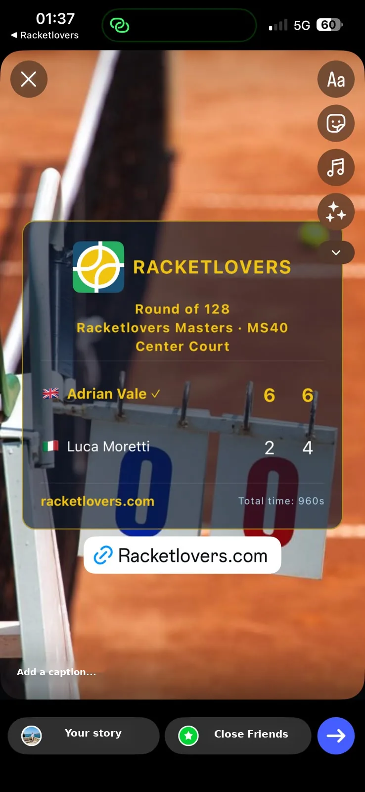 Racketlovers final score card posted to an Instagram Story with a racketlovers.com link sticker